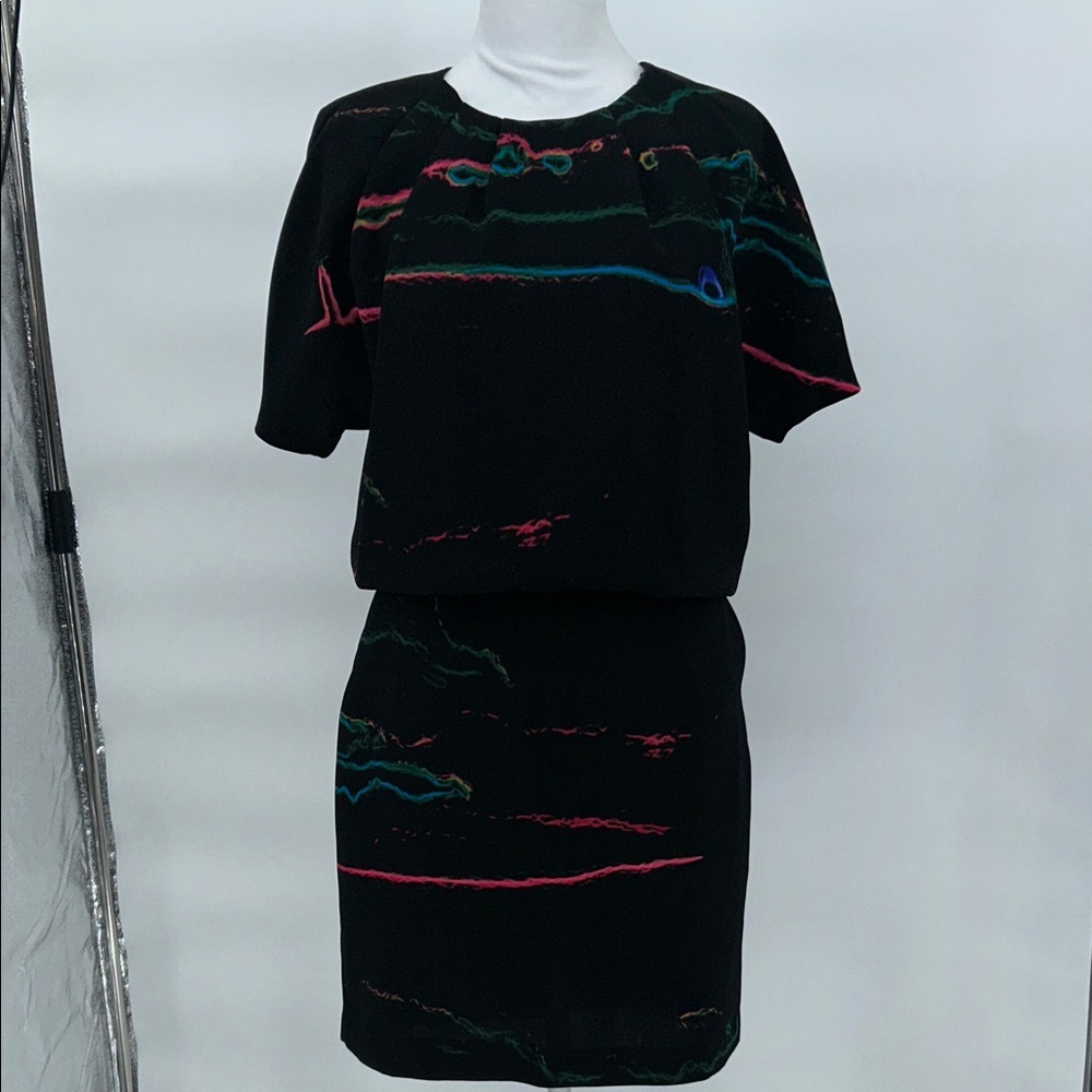 & Other Stories Black Abstract Print Short Sleeve Dress Cinched Waist Size 8 - Picture 3 of 12